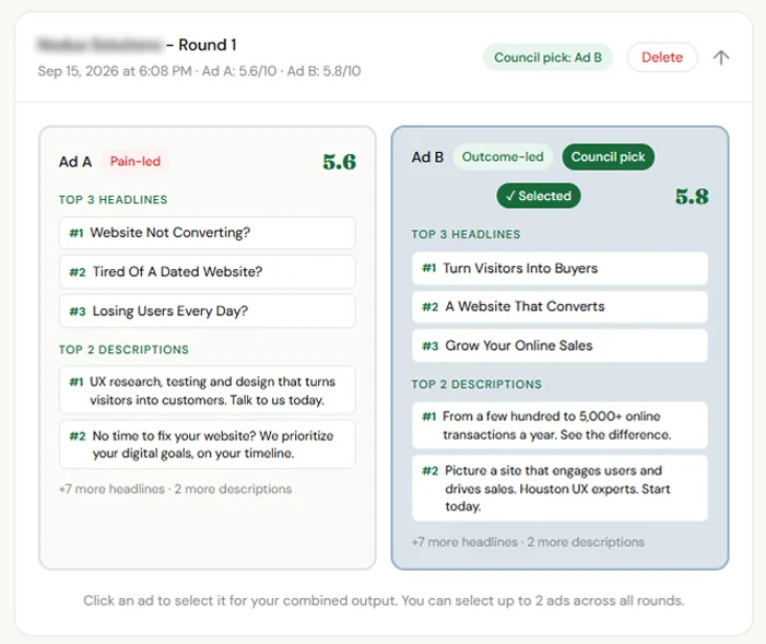 Two competing Google ad cards scored by the Council, Ad A at 5.6 and Ad B at 5.8, with Ad B marked as the Council pick before either ad goes live.