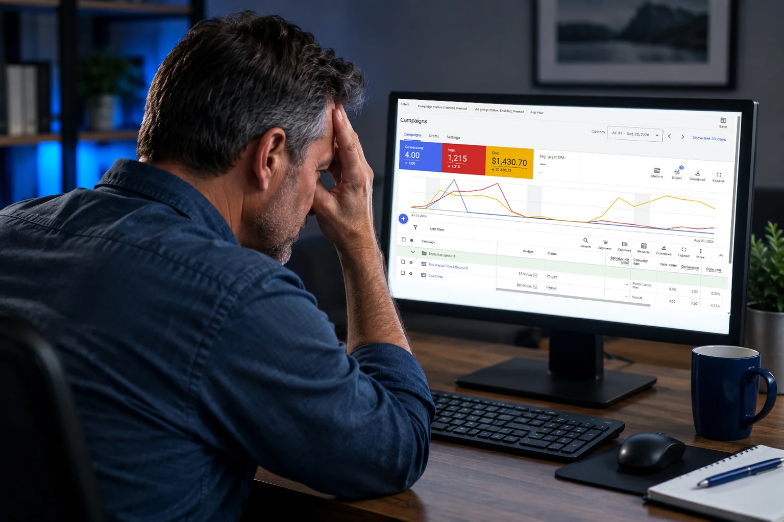 A business owner reviewing a real Google Ads account showing rising cost and only a handful of conversions, the live price of testing an ad with real ad spend.