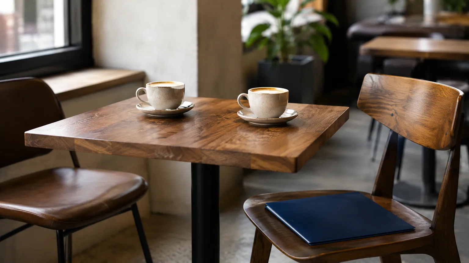 Two coffee cups facing each other at a cafe table with one empty chair, standing in for the buyer's missing point of view.