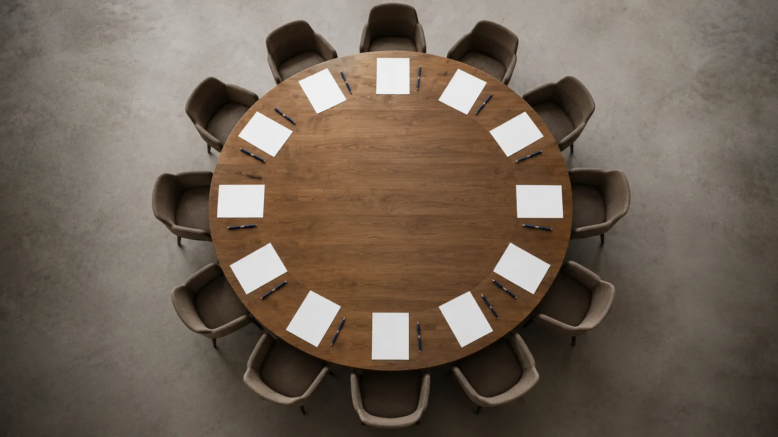 A round table set with twelve places, each with a sheet of paper and a pen, representing the council of twelve buyer personas reviewing an ad.