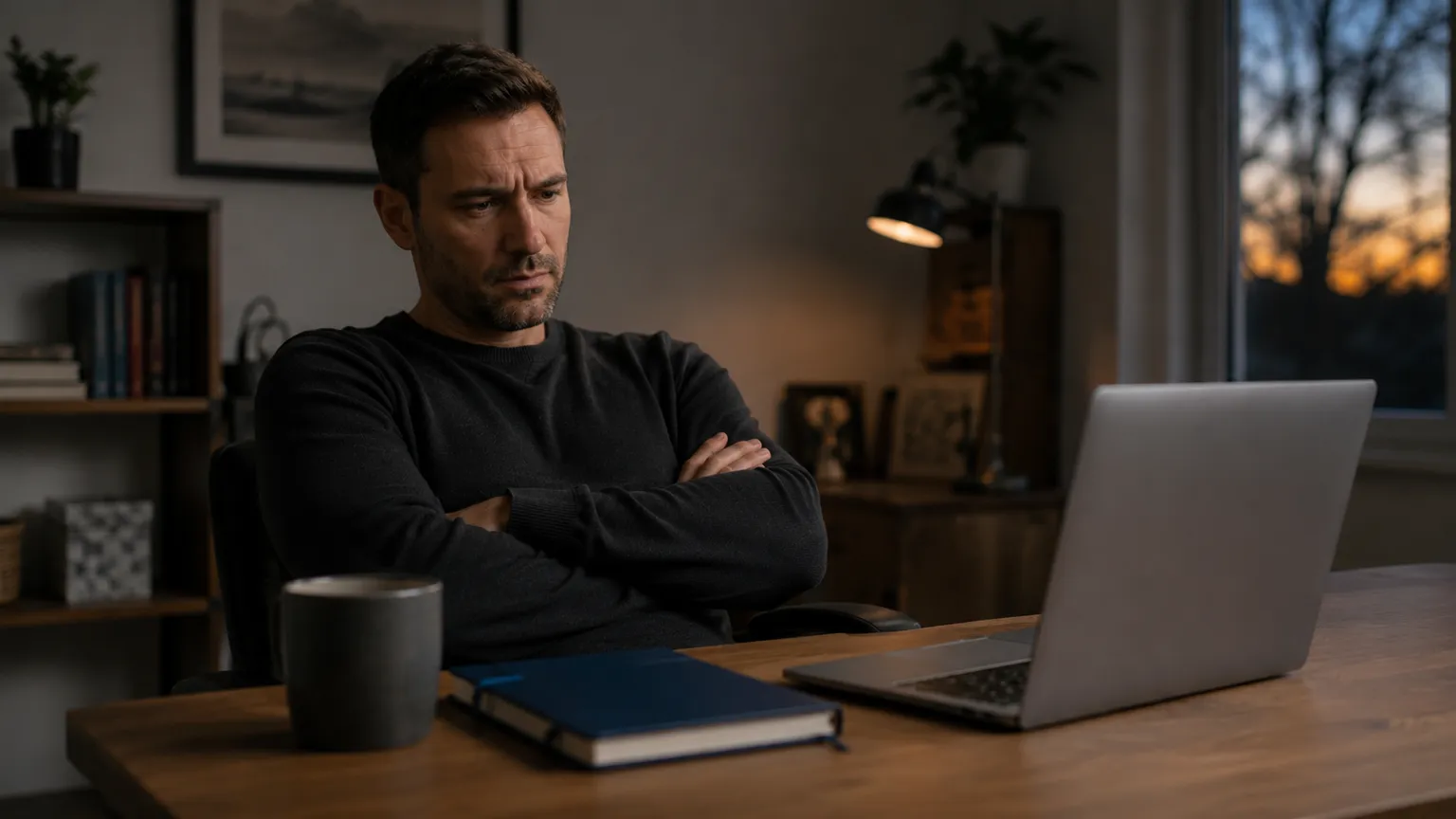 A business owner leaning back from a laptop with arms crossed, looking unsure, capturing the uncertainty of editing ad copy by guesswork.