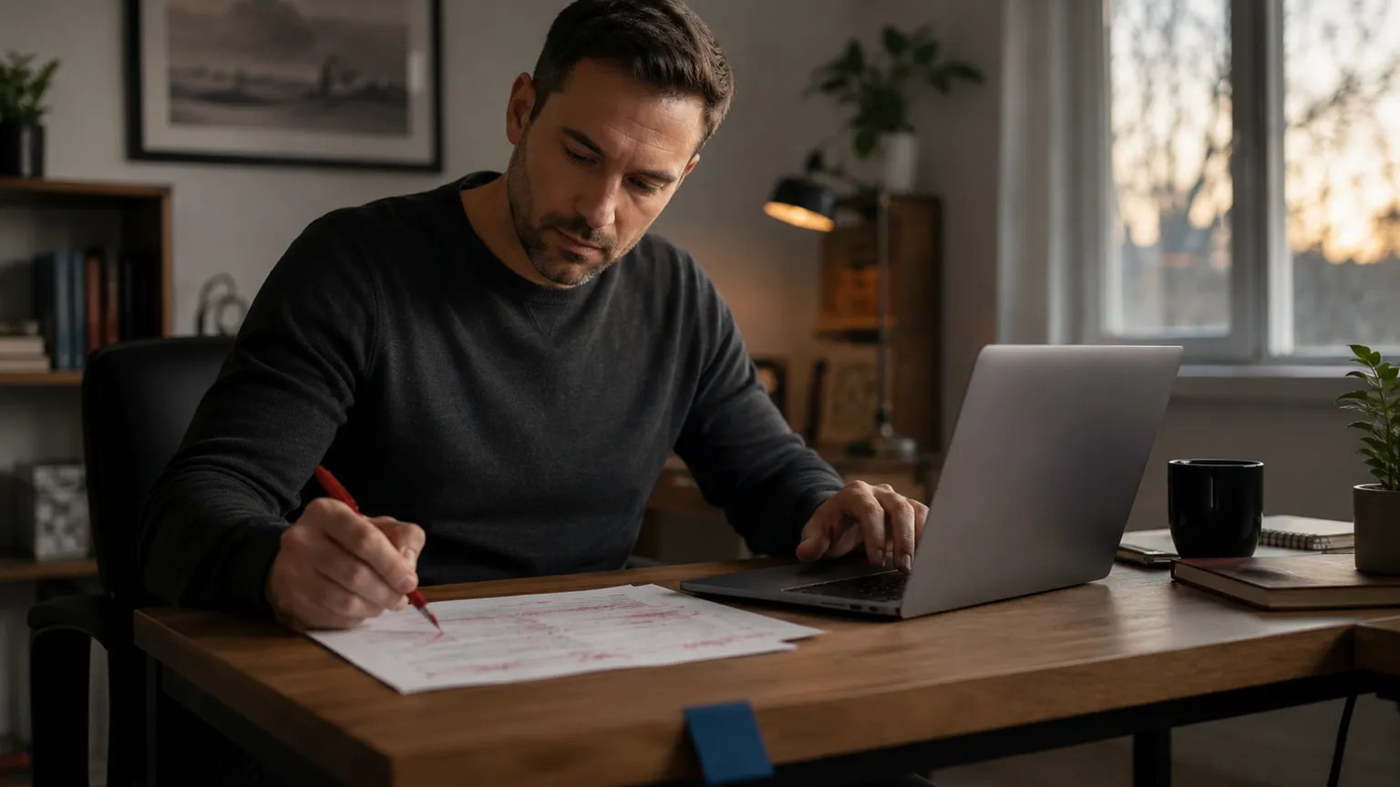 A small business owner marking up a printed page of ad copy with a red pen beside a laptop, editing AI-written text before launching an ad.
