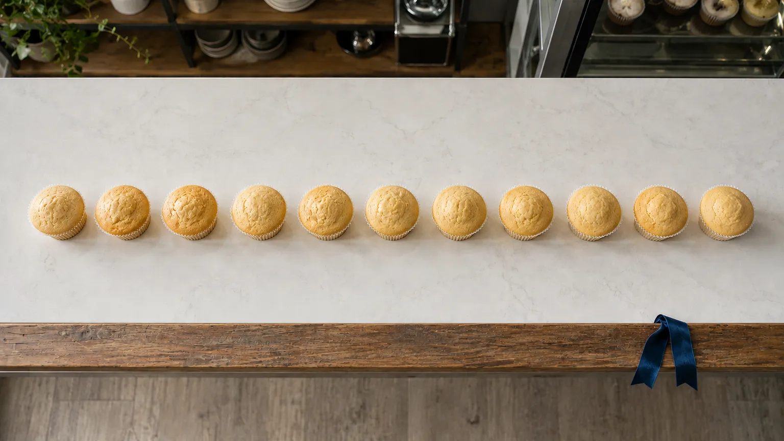 A row of a dozen identical plain cupcakes on a counter, standing in for ad copy that is smooth and safe but blends in with everyone else.