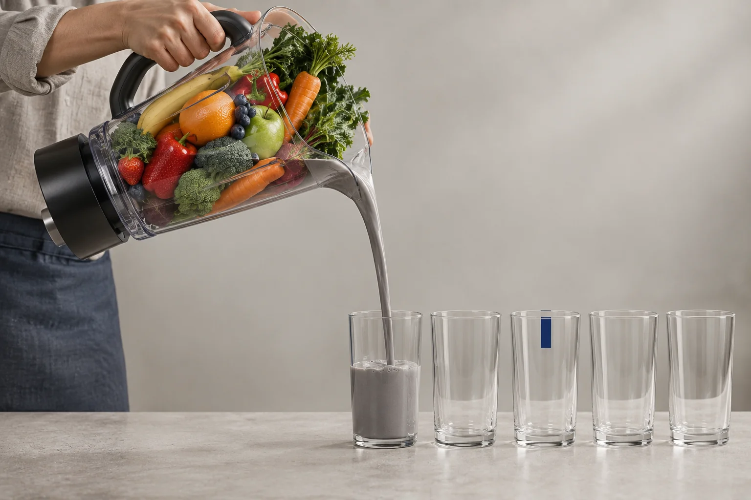 Colorful whole fruits and vegetables being poured from a blender into a glass as a uniform gray liquid, with several empty glasses waiting in a row.