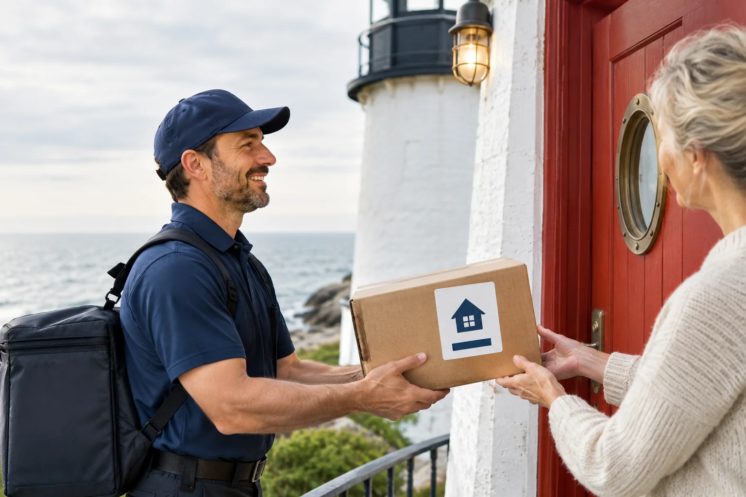 A courier smiling and handing a package to a customer at her front door.