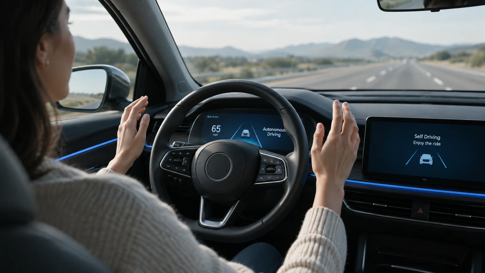 A person's hands lifting off a car's steering wheel as the vehicle drives itself down an open highway, autonomous driving mode shown on the dashboard.