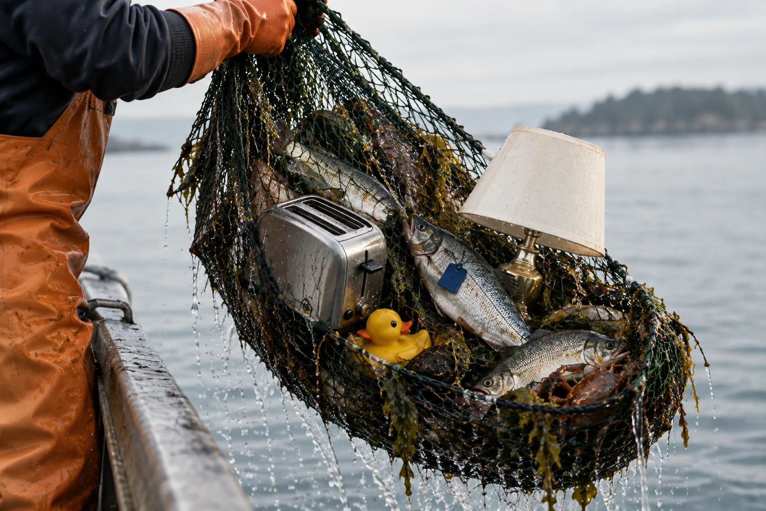A fisherman lifting a wide net out of the water, pulling up a mixed catch of real fish alongside out-of-place objects like a toaster, a lamp, and a rubber duck.