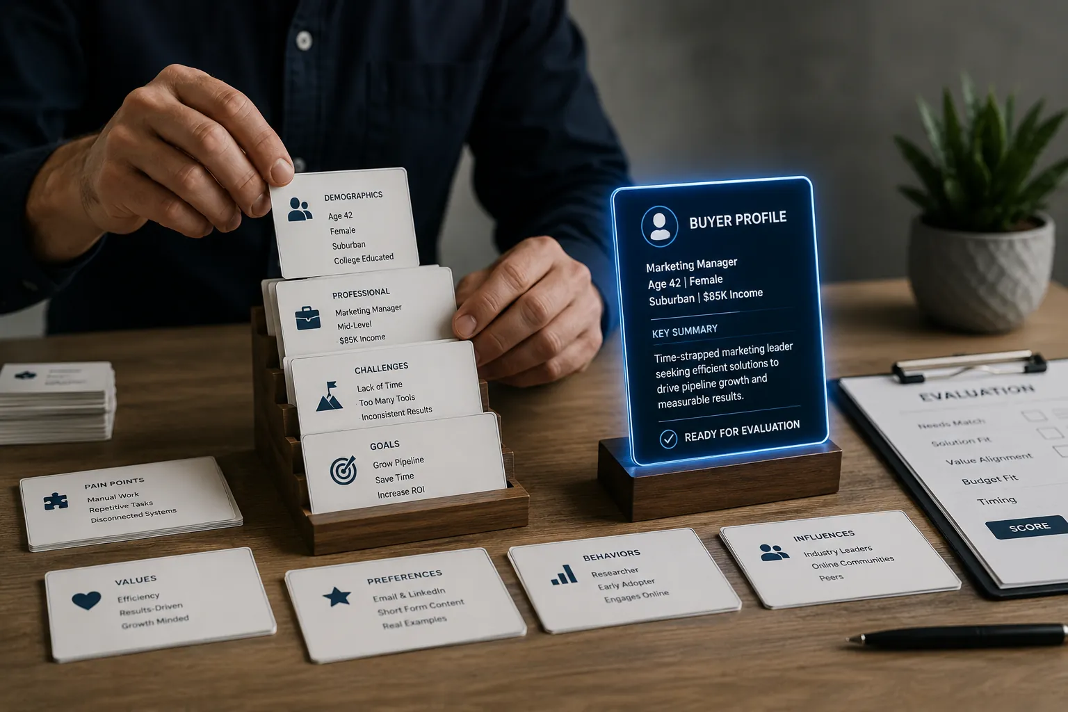 A researcher assembling a detailed buyer profile from layered background details before running it against an ad.