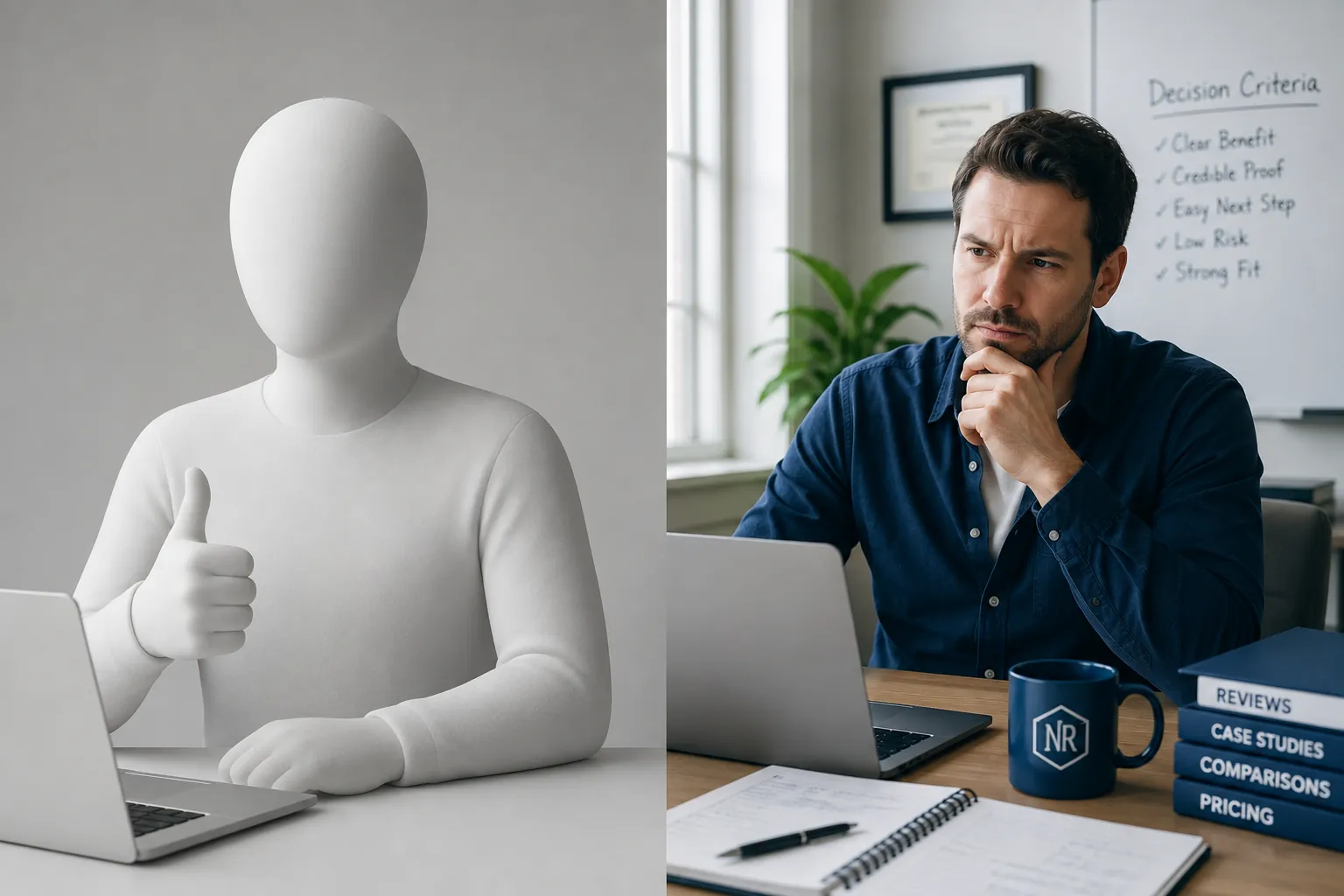 Side-by-side comparison: a blank generic figure nodding agreeably at everything, next to a specific, fully-realized buyer evaluating critically.