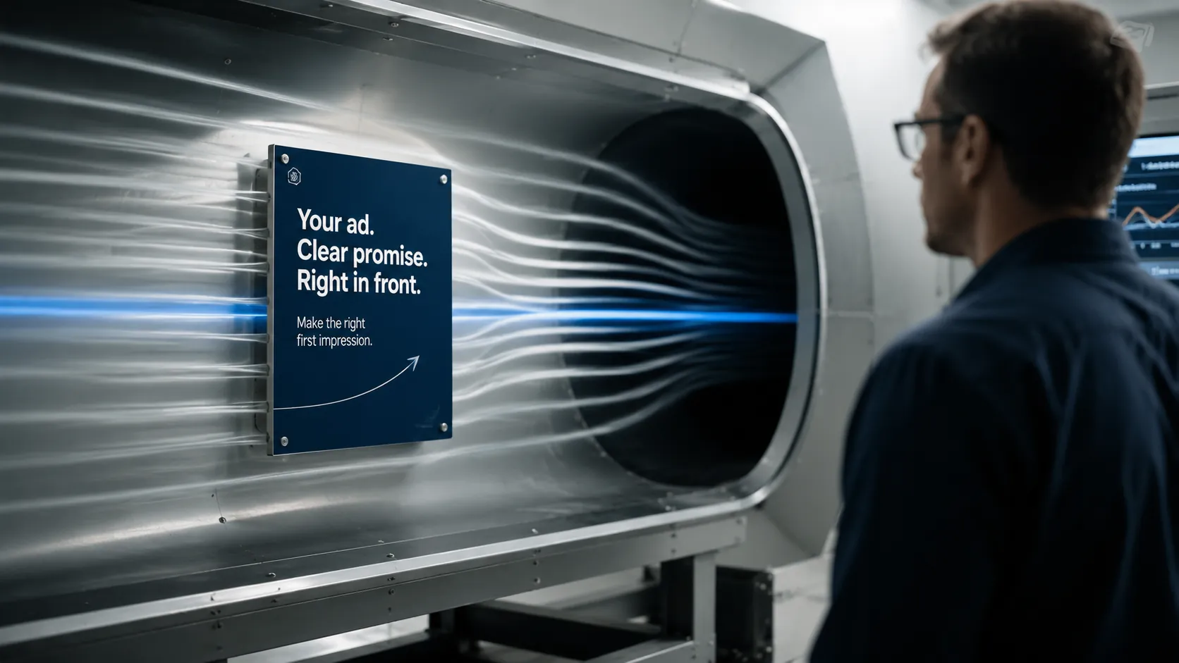 An advertisement mounted inside a wind tunnel with visible airflow streamlines, an engineer observing from the side, testing the ad before it goes live.