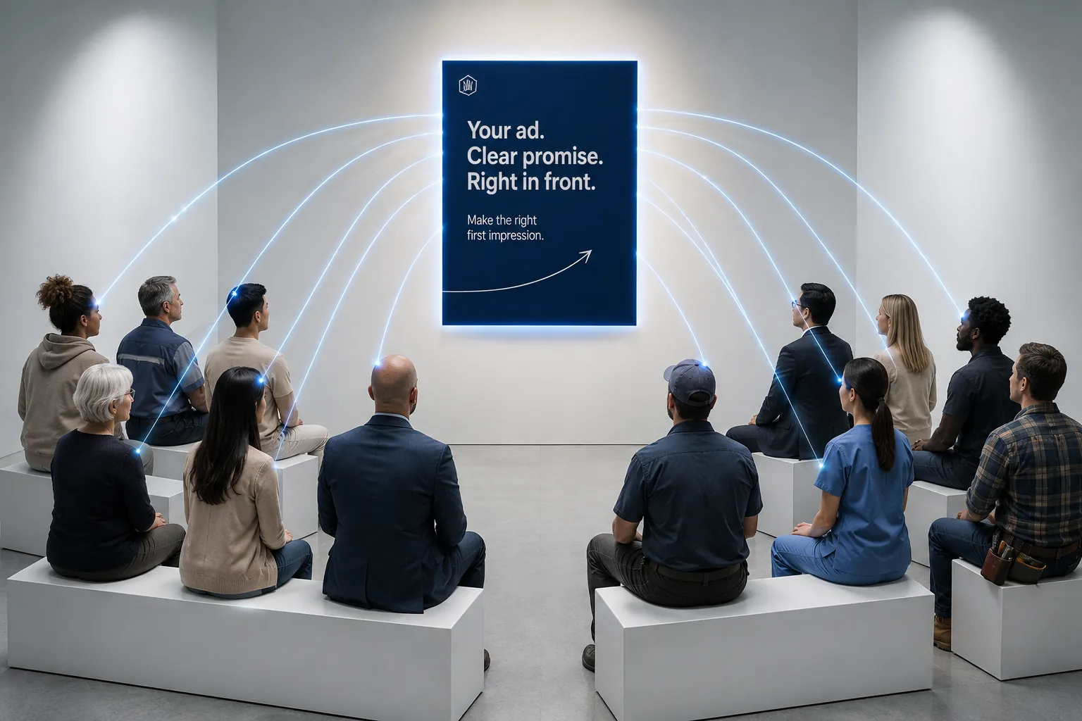 Twelve distinct buyer personas seated in a gallery, each evaluating the same advertisement from their own perspective.