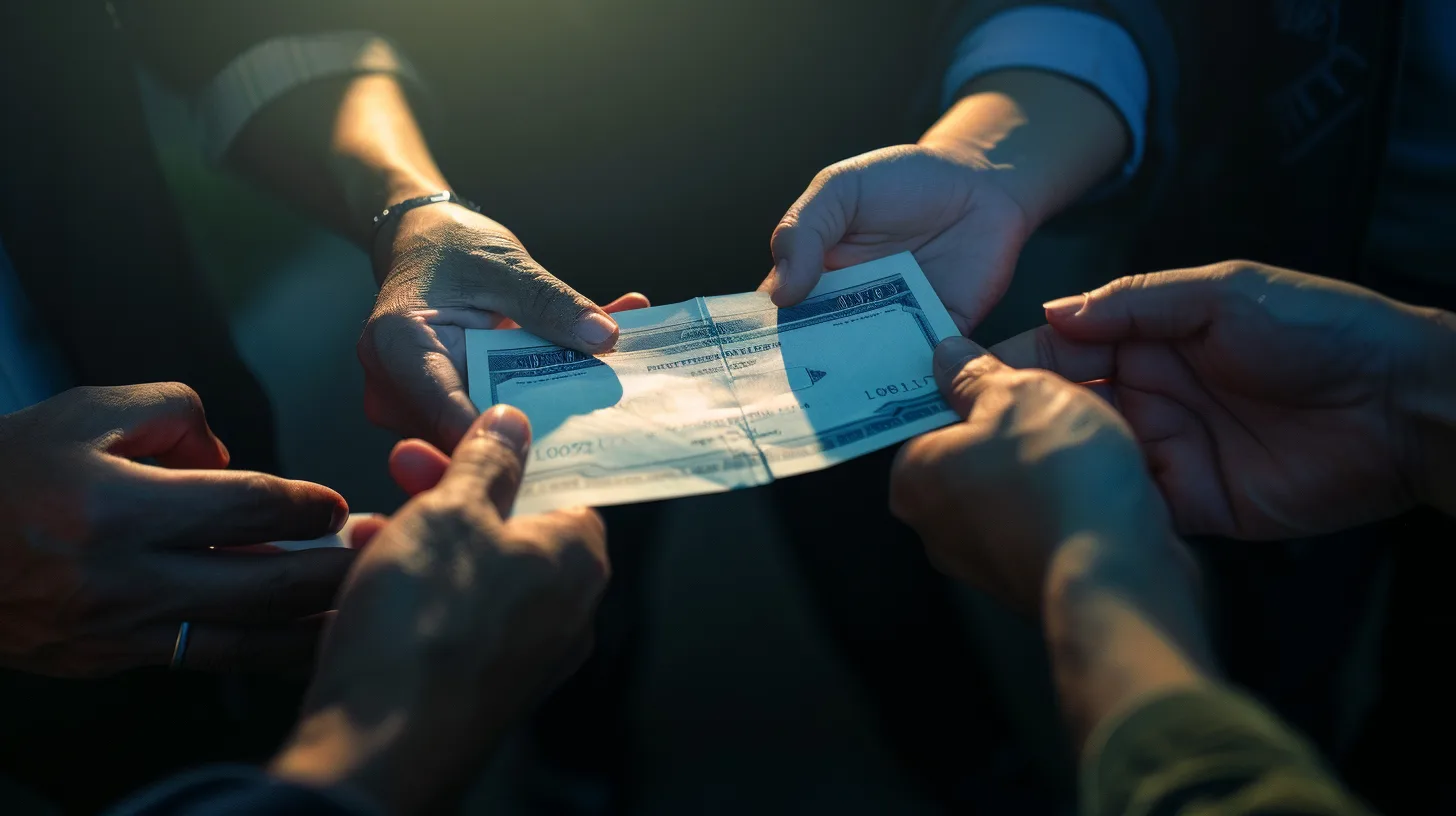 Close-up of several hands tugging a paper check in different directions under dramatic light