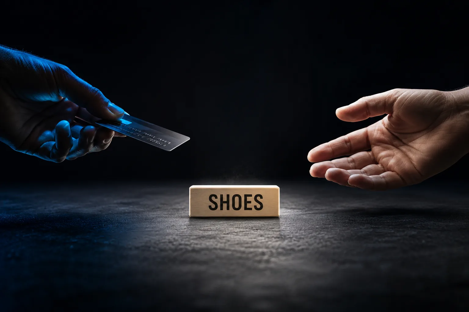 One hand holds out a credit card while another reaches open-palmed, a wooden block reading 'SHOES' between them