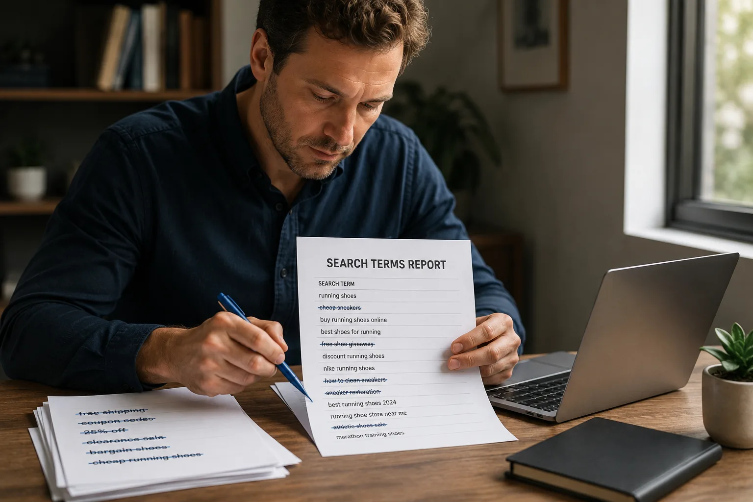 A business owner reviewing a search terms report and striking out irrelevant queries with a pen