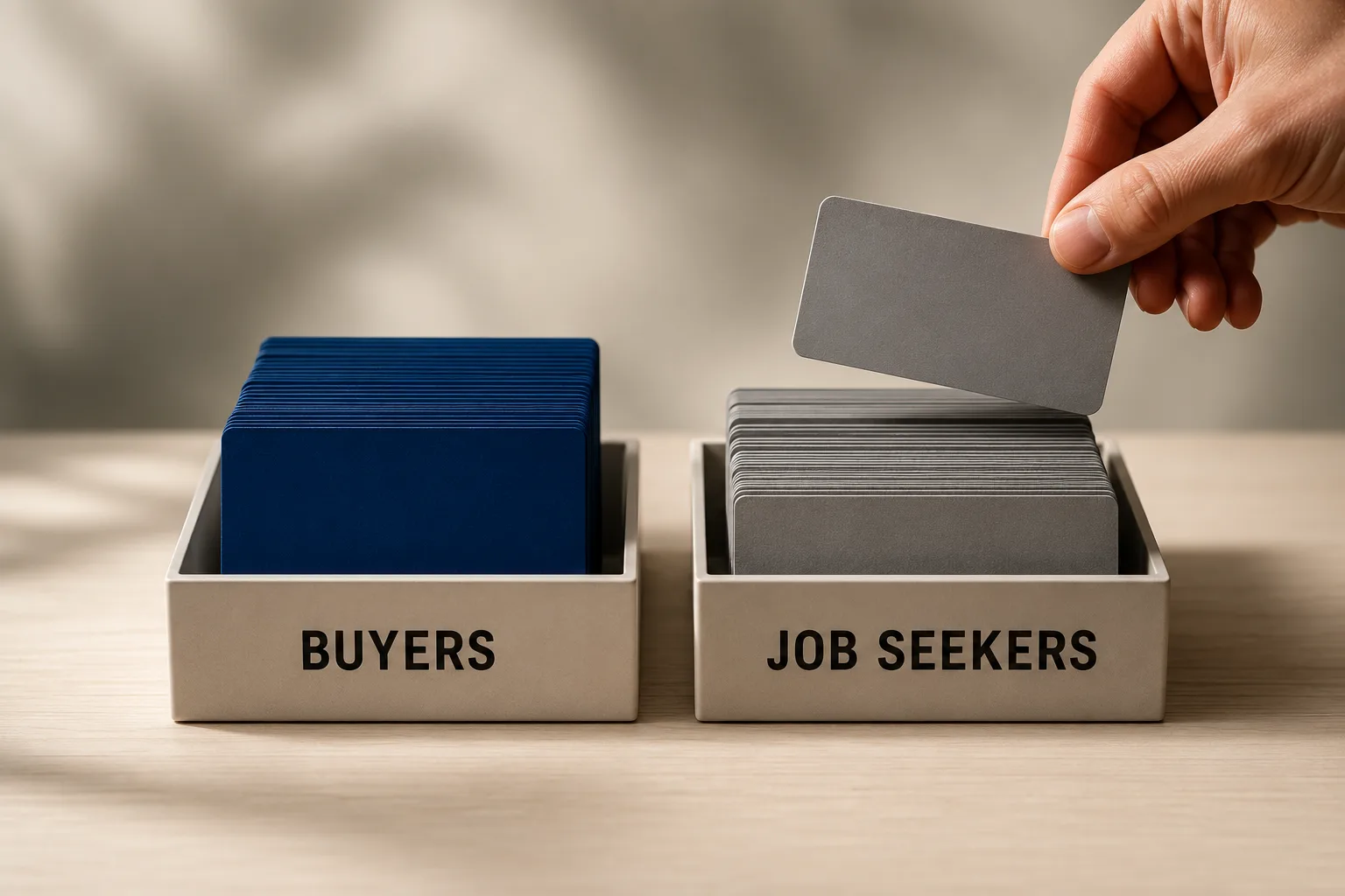 A hand files a gray card into a tray labeled 'Job Seekers', beside a fuller tray of blue cards labeled 'Buyers'