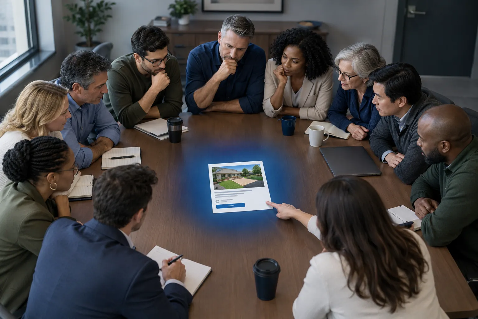 Group of buyers around a conference table studying a printed Facebook-style ad before any money is spent