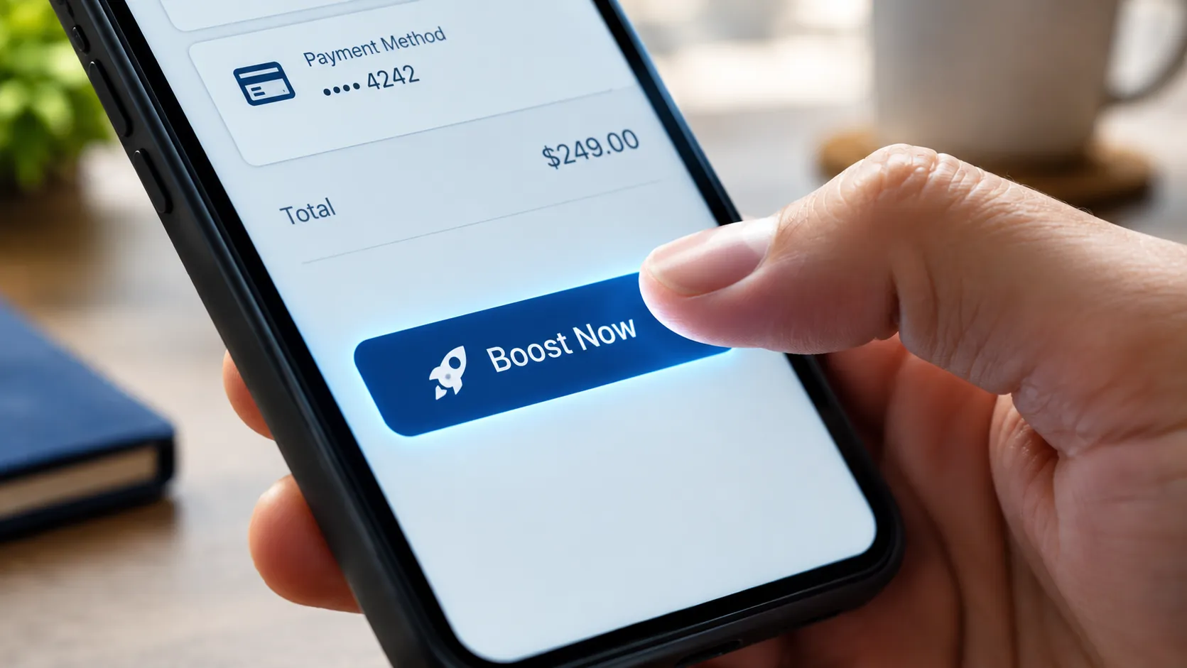 Thumb about to tap a glowing Boost Now button above a $249 total on a phone's payment screen