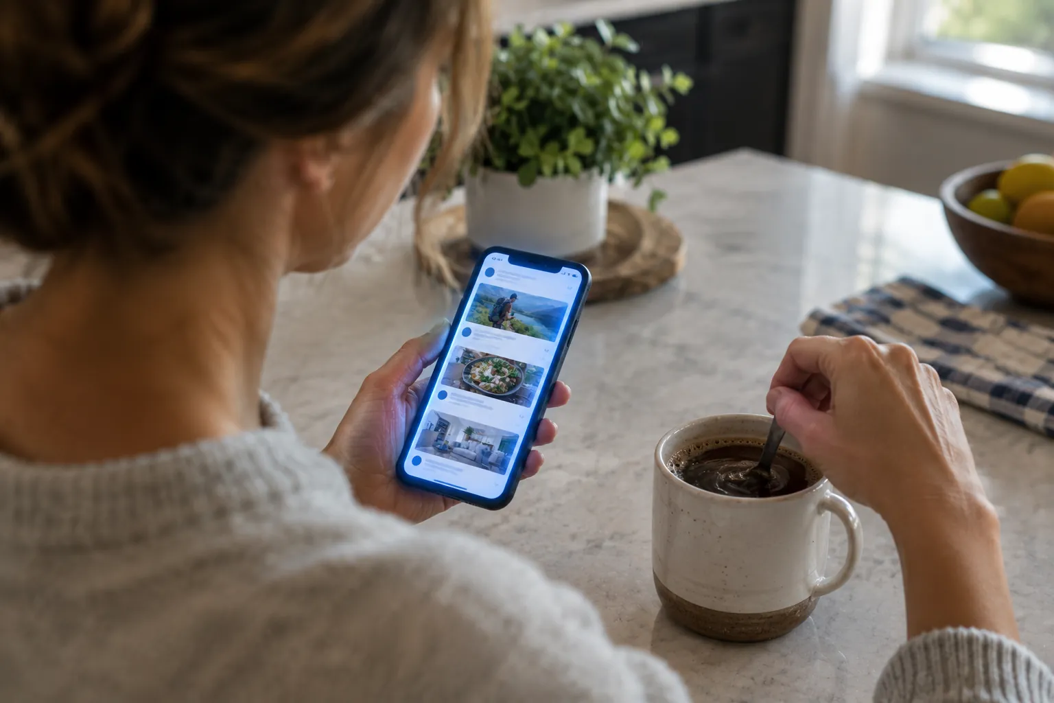 Woman half-watching a social feed on her phone while stirring her morning coffee at a kitchen counter