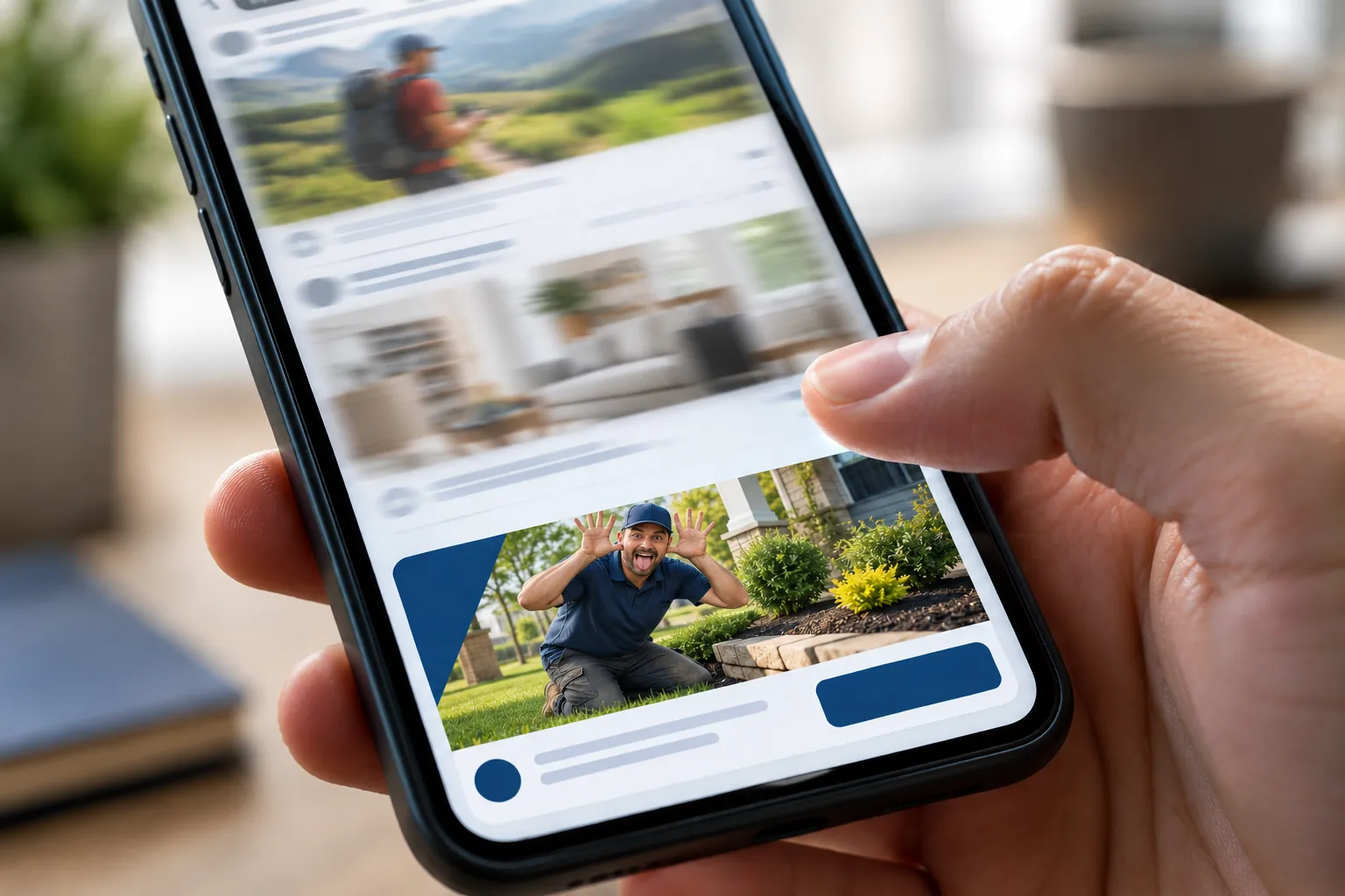 Thumb scrolling a social feed past blurred generic ads to stop on a landscaper's ad, where he pulls a goofy face with his hands up