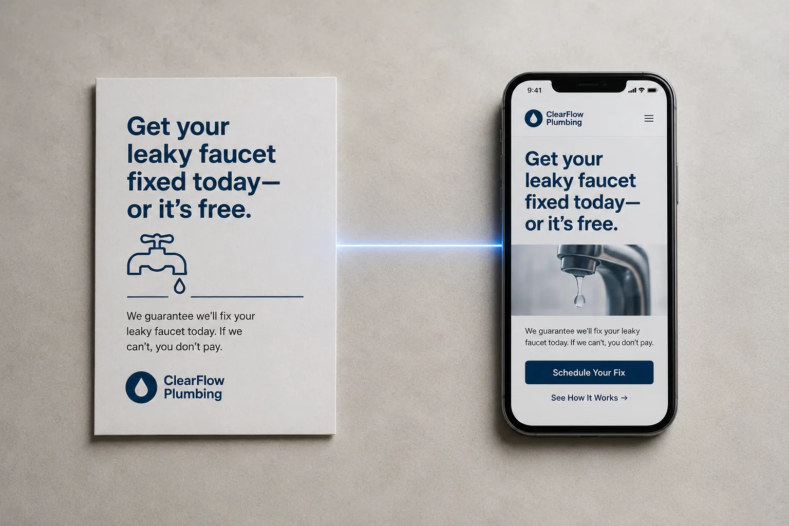 A printed ad card and a phone showing a landing page side by side on a clean surface, the page headline repeating the ad's exact promise, one continuous message from click to page.