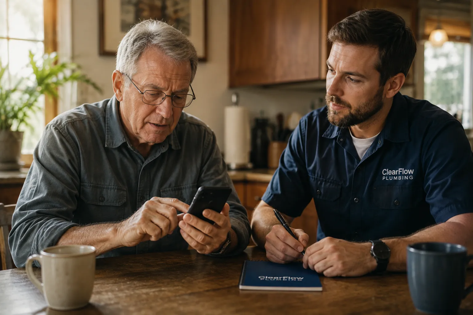 An older customer trying a landing page on a smartphone at a kitchen table while the business owner sits beside them, quietly watching and taking notes, a cold read from a real buyer.