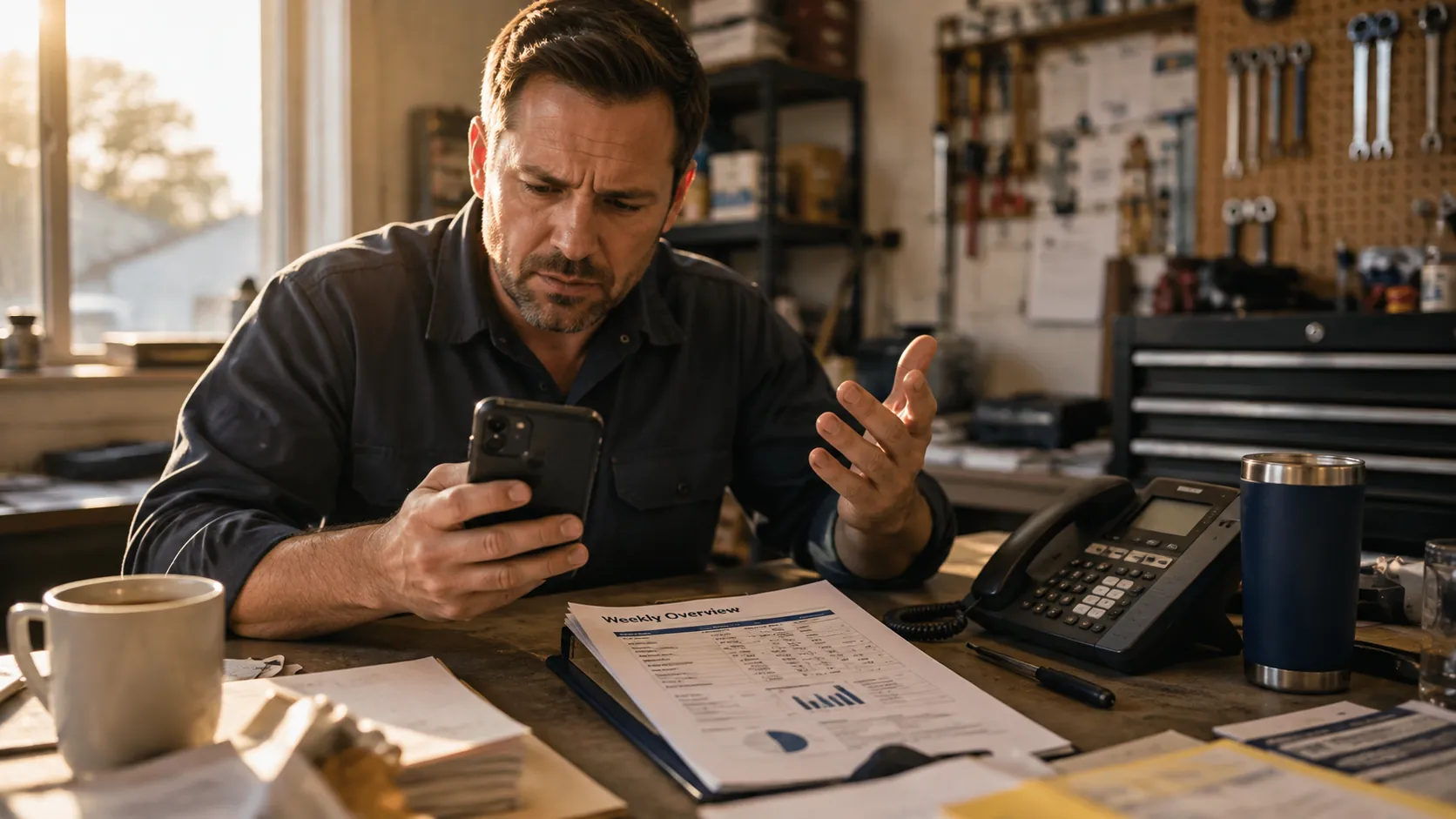 A small business owner at a cluttered workshop desk staring at their phone in frustration, a printed report and a silent desk phone beside them, good ad clicks coming in but no calls.