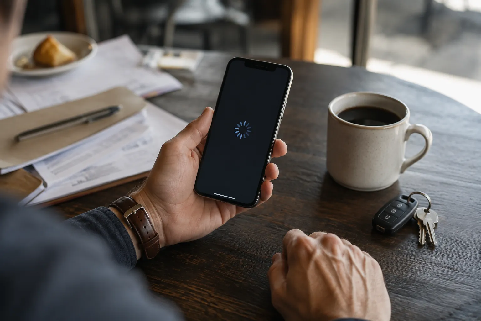 A hand holding a smartphone at a cafe table, the screen stuck mid-load on a spinning indicator while the buyer's other hand sits tense on the table, every extra second costing the sale.