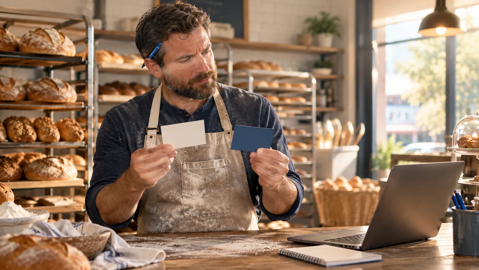 Bakery owner comparing two printed ad drafts at his counter