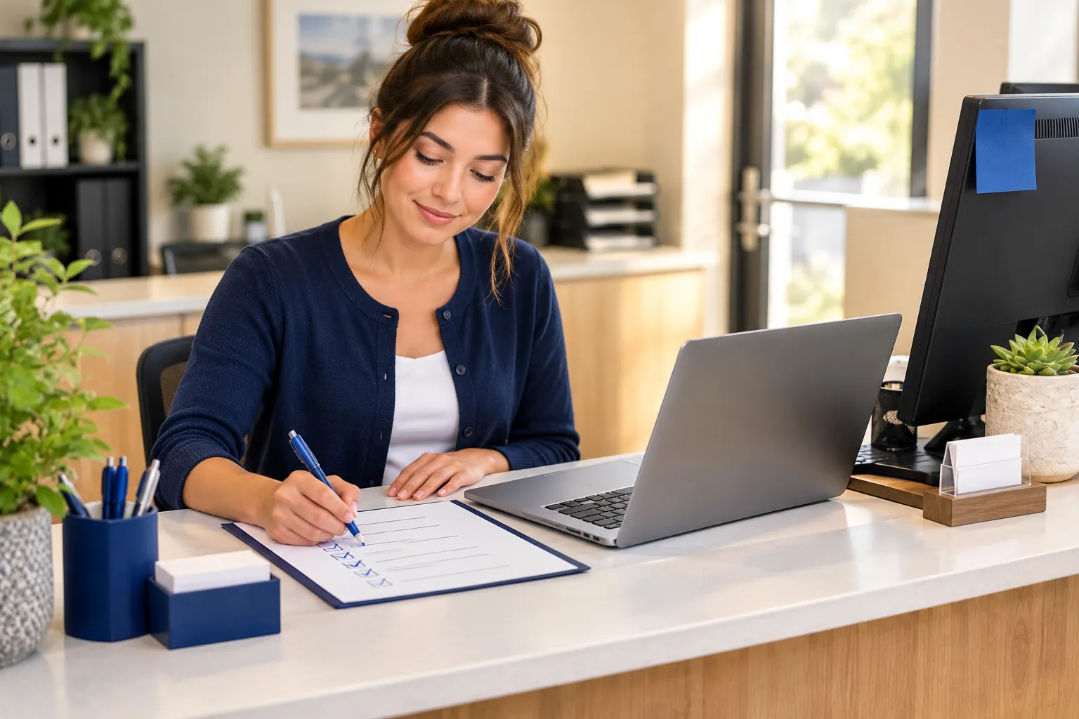 Receptionist following a printed step-by-step checklist beside a laptop