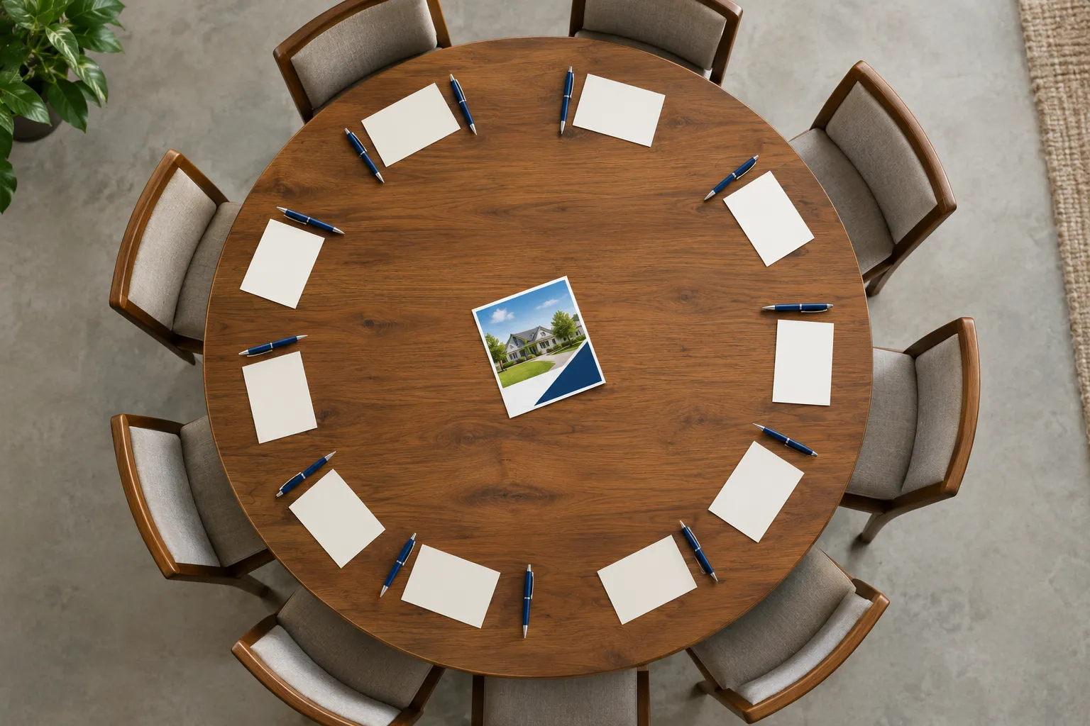 Round table with twelve place settings around a single ad card