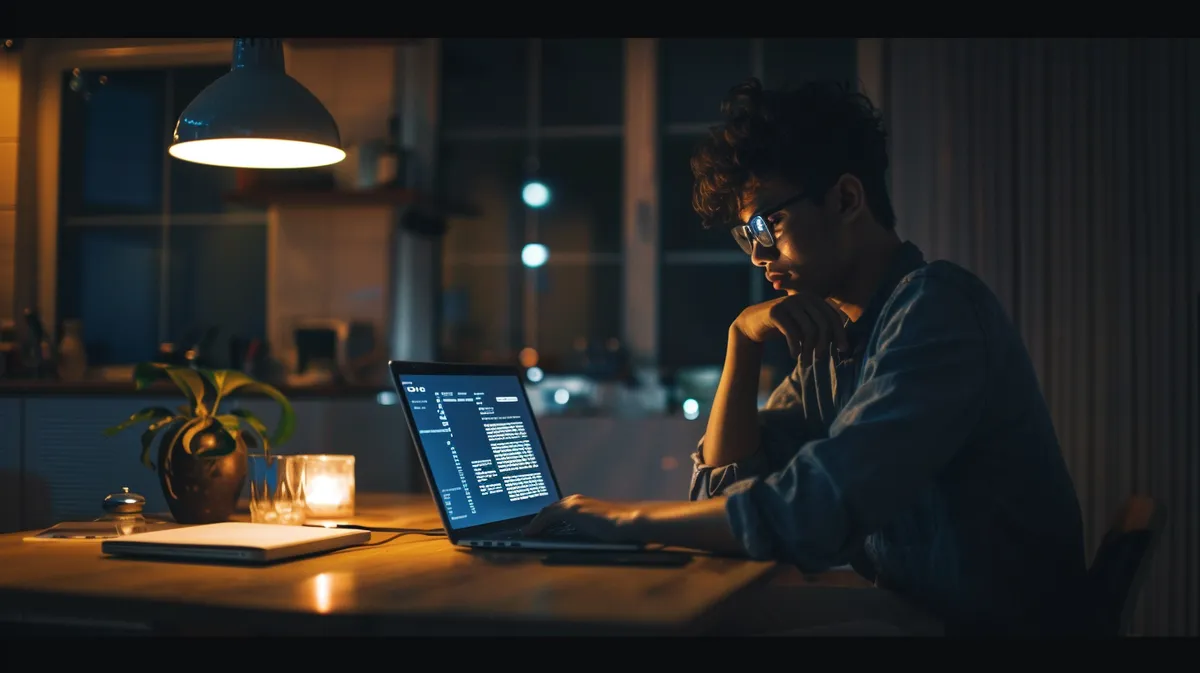 A young man reads a text-heavy laptop screen at a dim kitchen table late at night, chin on his fist