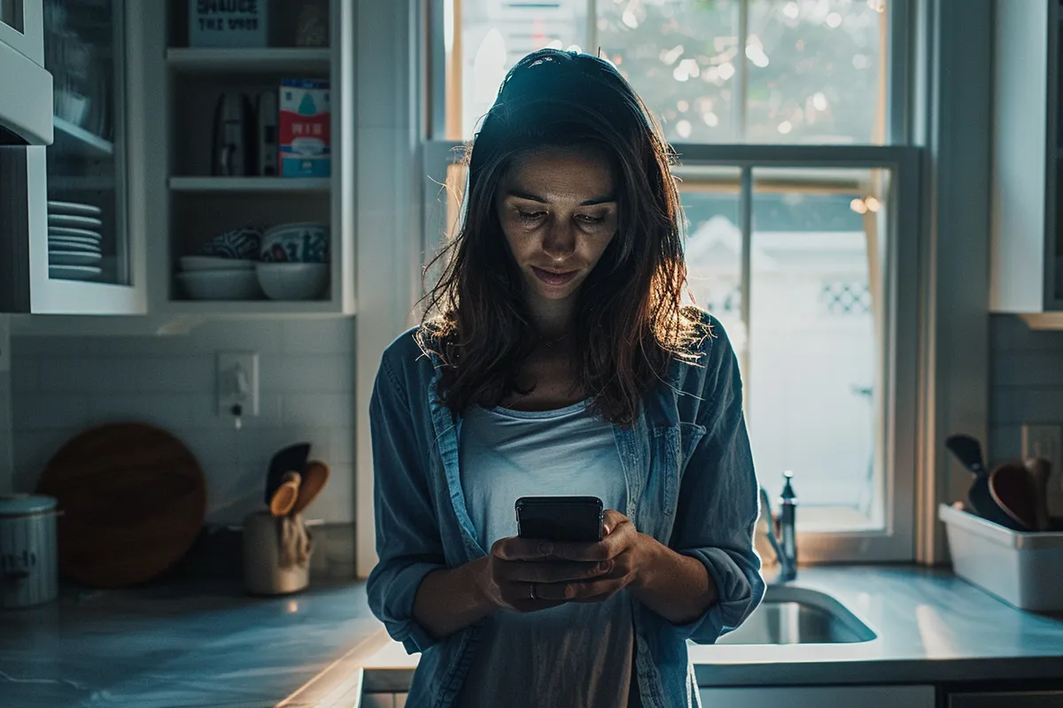 A woman pauses in her kitchen to read something on her phone, unconvinced