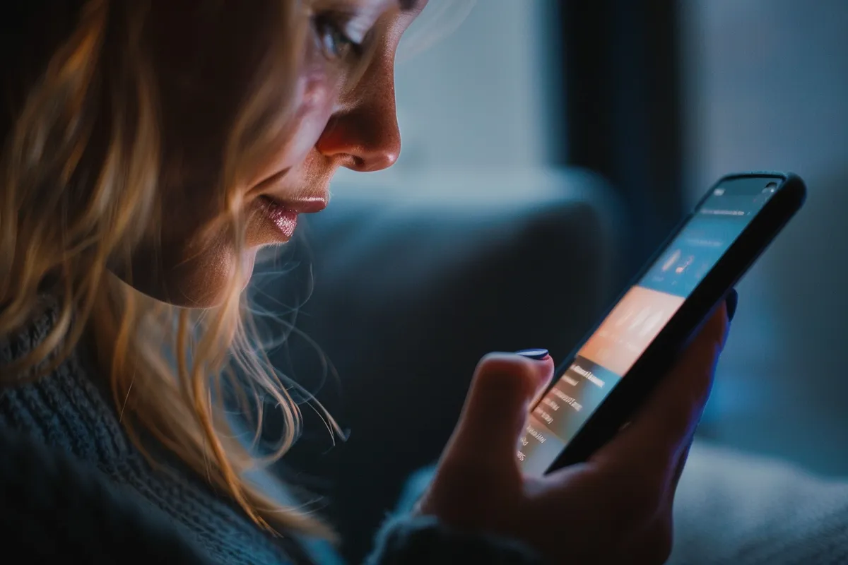 Close-up of a woman scrolling her phone in soft evening light, her face lit by the screen