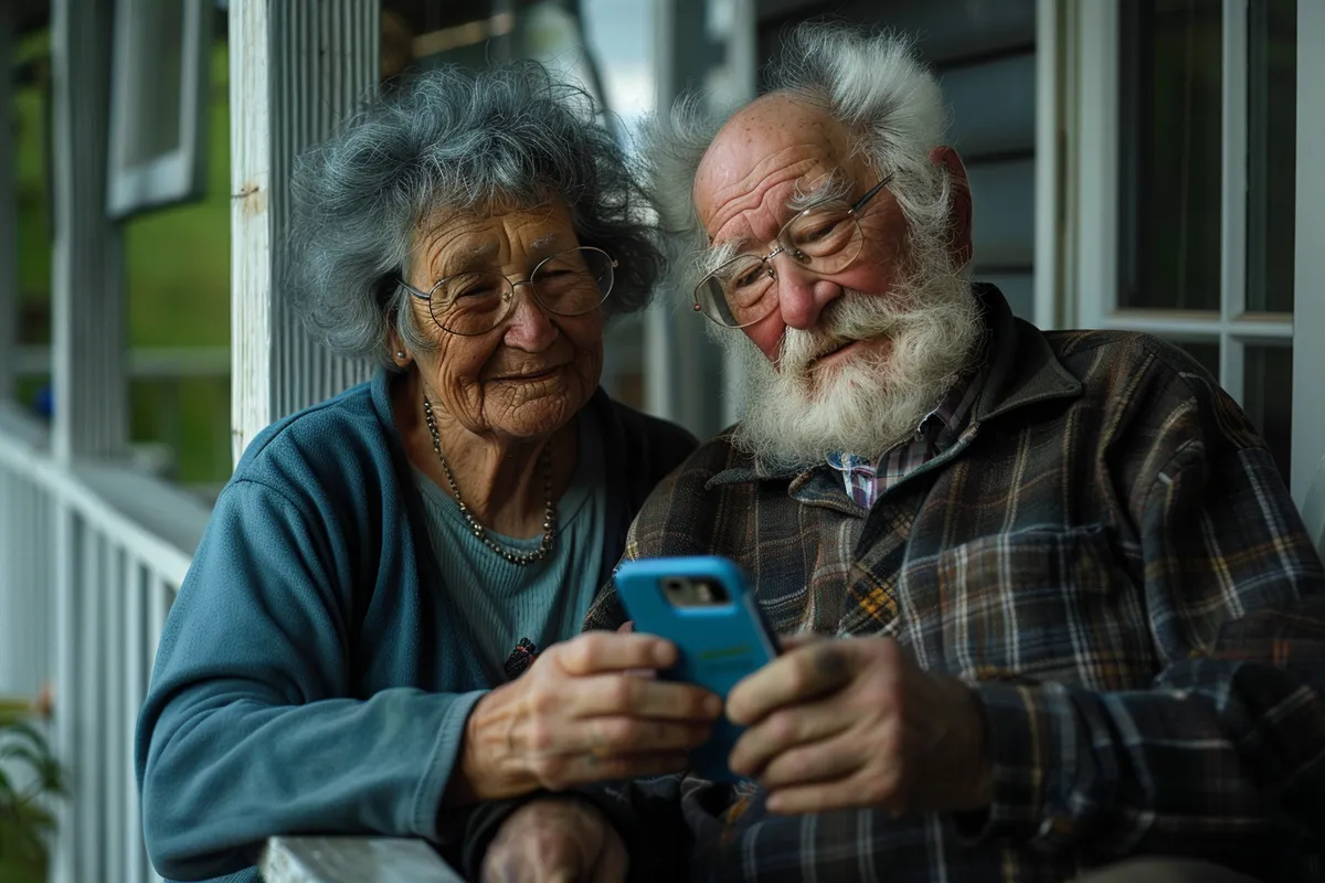 An older couple on a porch smile at a blue smartphone they're holding together
