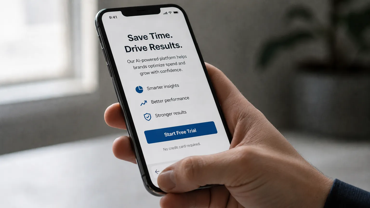 A hand holding a phone on a landing page, the browser back arrow within thumb's reach at the bottom of the screen