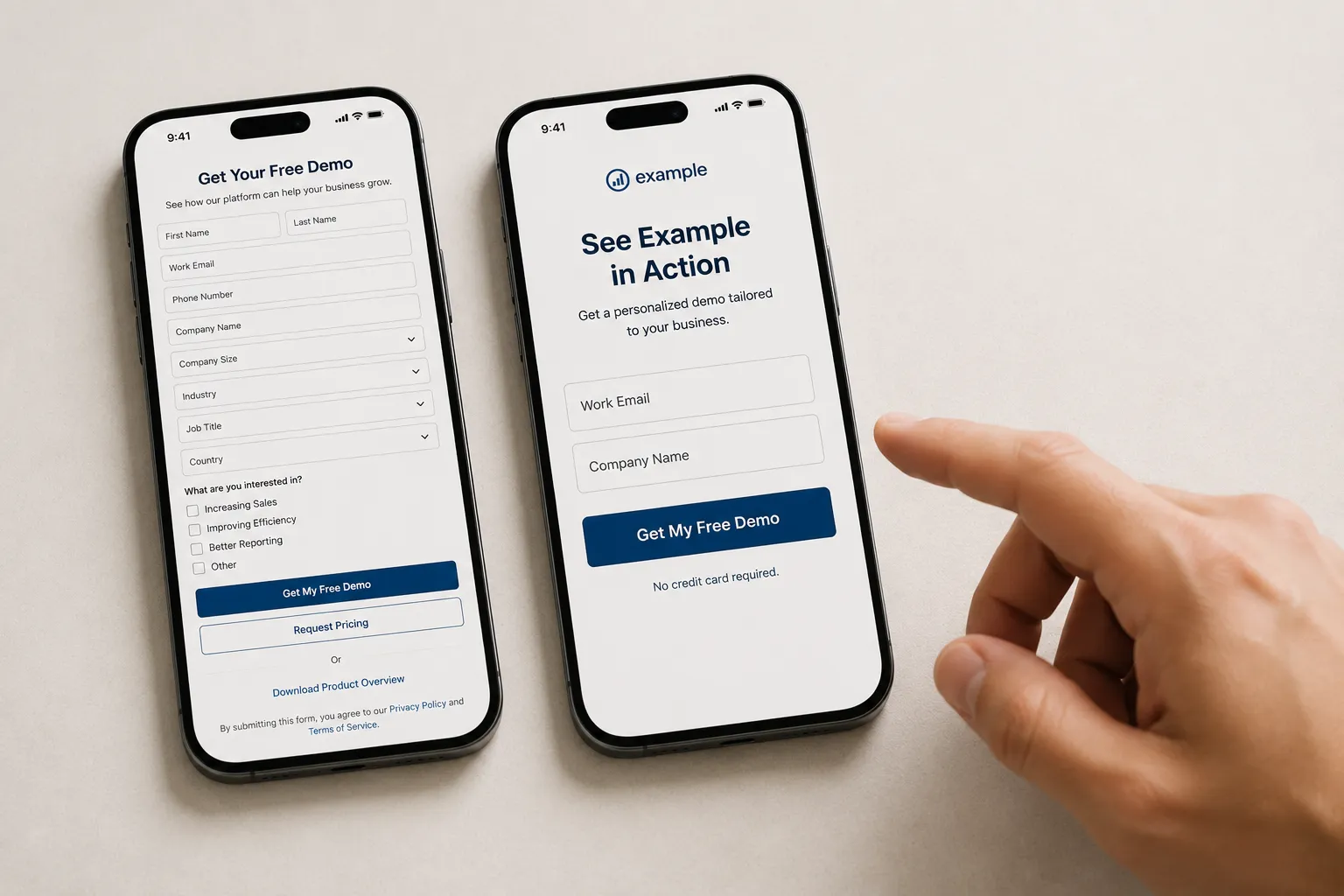 Two phones side by side, the left landing page crowded with a long multi-field form and several buttons, the right stripped to a two-field form and one clear button a hand is reaching for