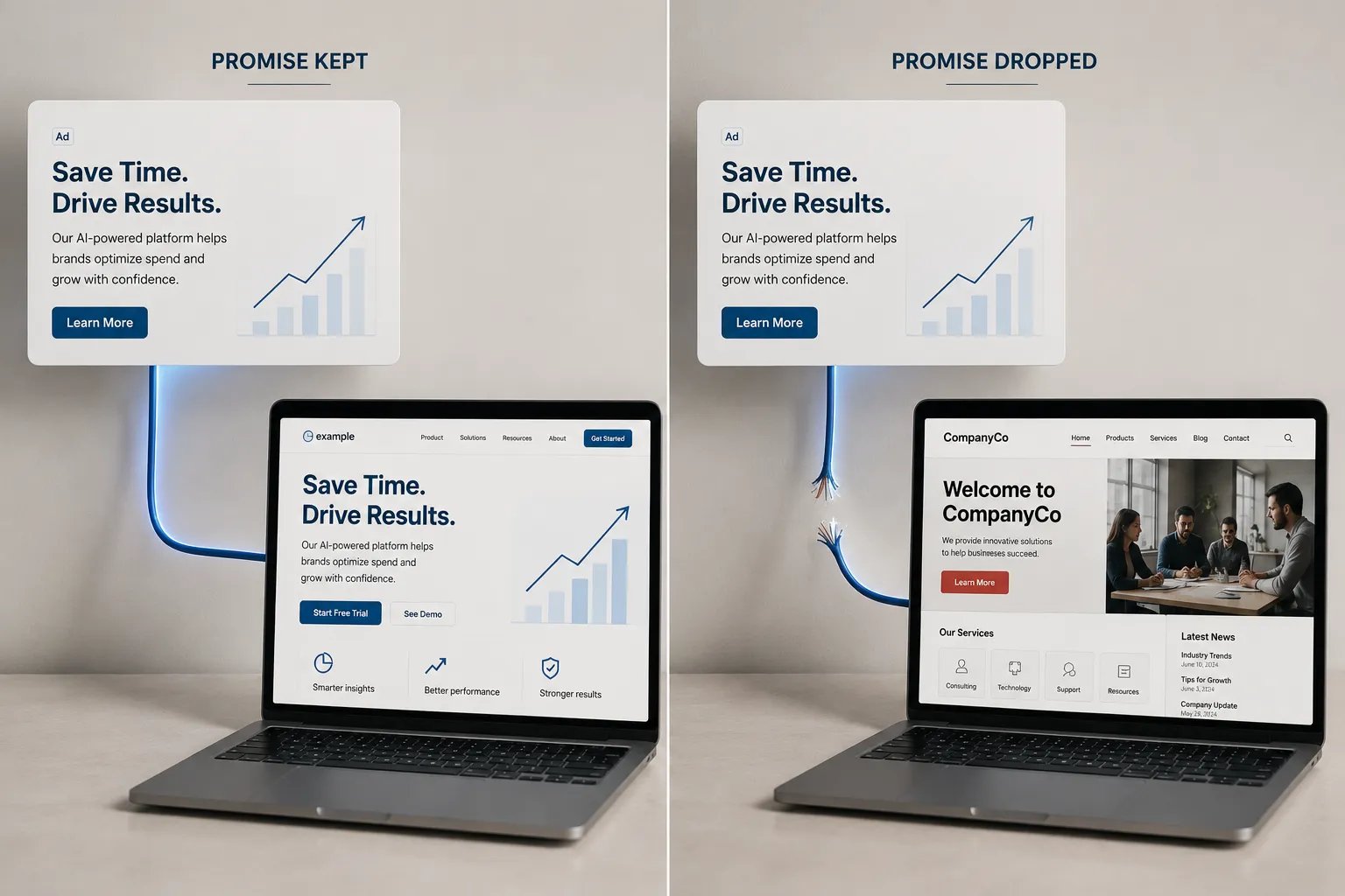 Side-by-side laptops: on the left an ad wired by a clean line to a landing page that repeats its exact promise, on the right the same ad wired by a frayed line to a generic company homepage that repeats nothing