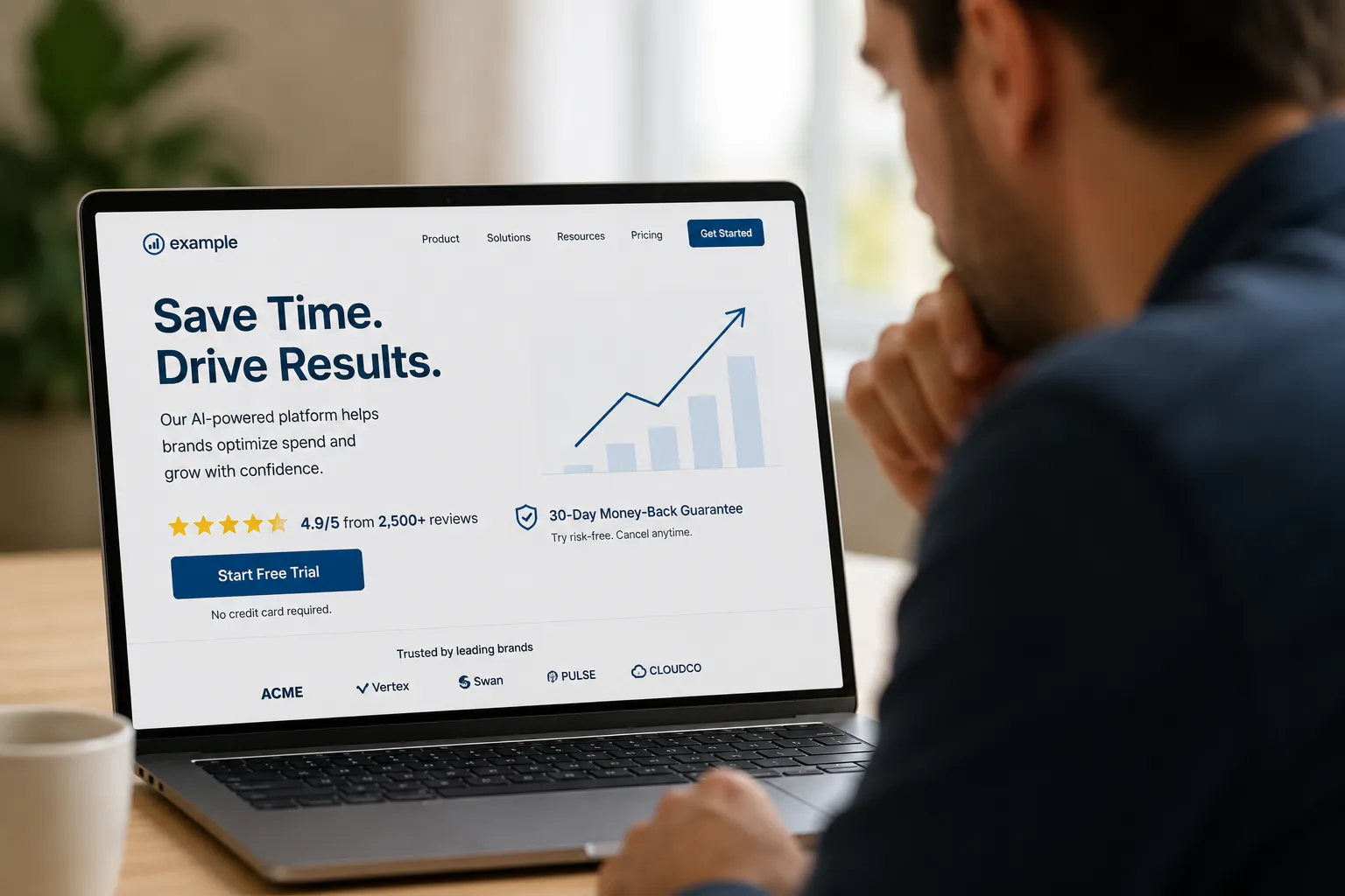 A landing page's first screen showing a star rating, review count, and a guarantee positioned right beside the call-to-action button