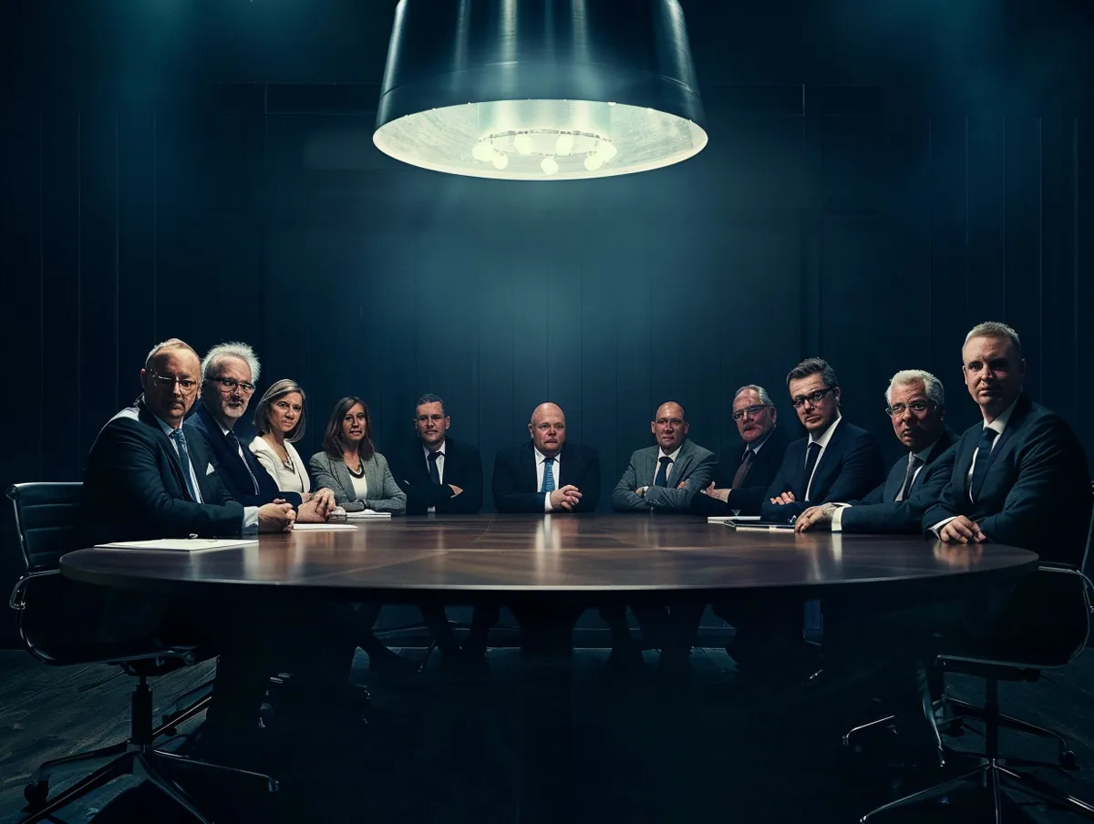 Eleven serious council members in business dress face the viewer around a dark boardroom table under a single overhead light