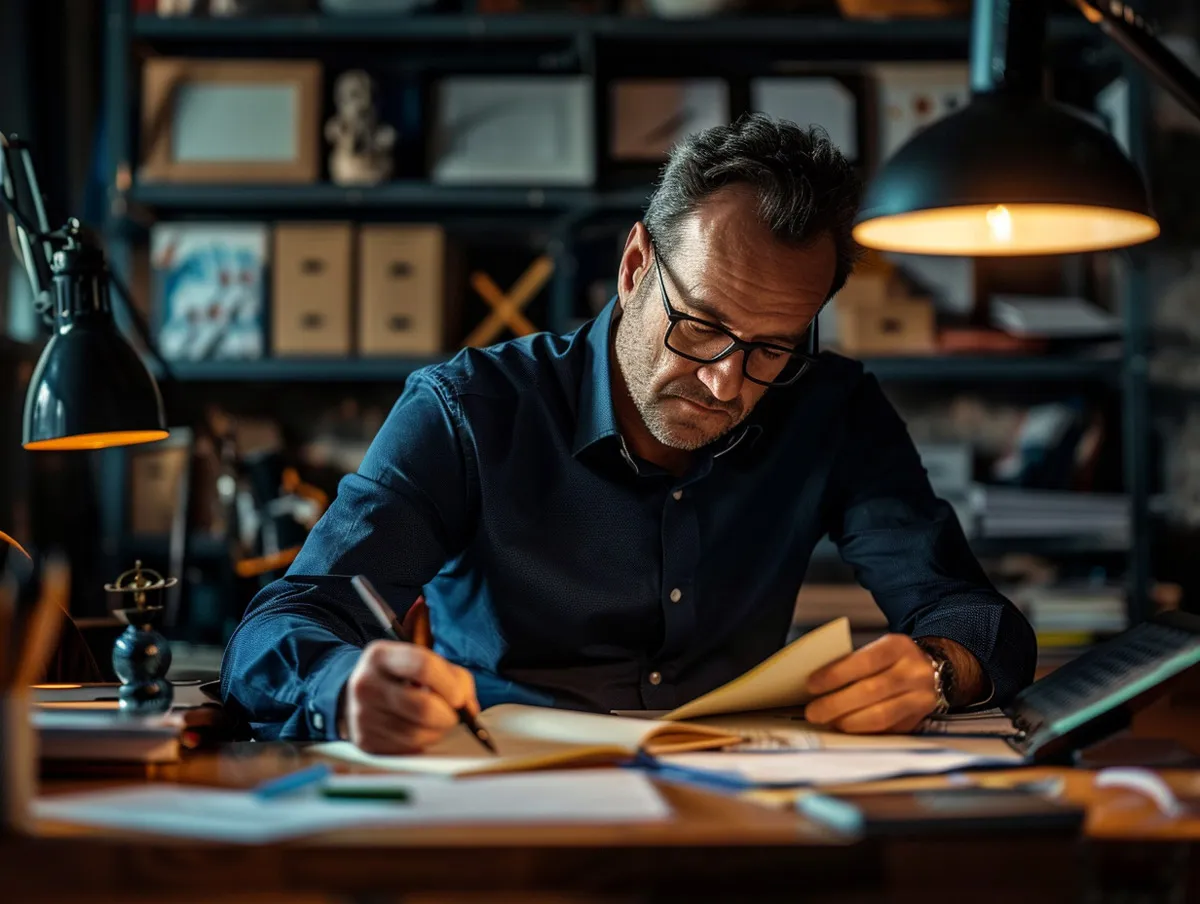 A man in glasses reworks notes by hand at a desk, pen over a page of drafts