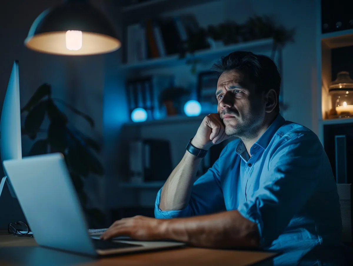 A worried man sits at a laptop late at night, chin in hand, lit by a single desk lamp