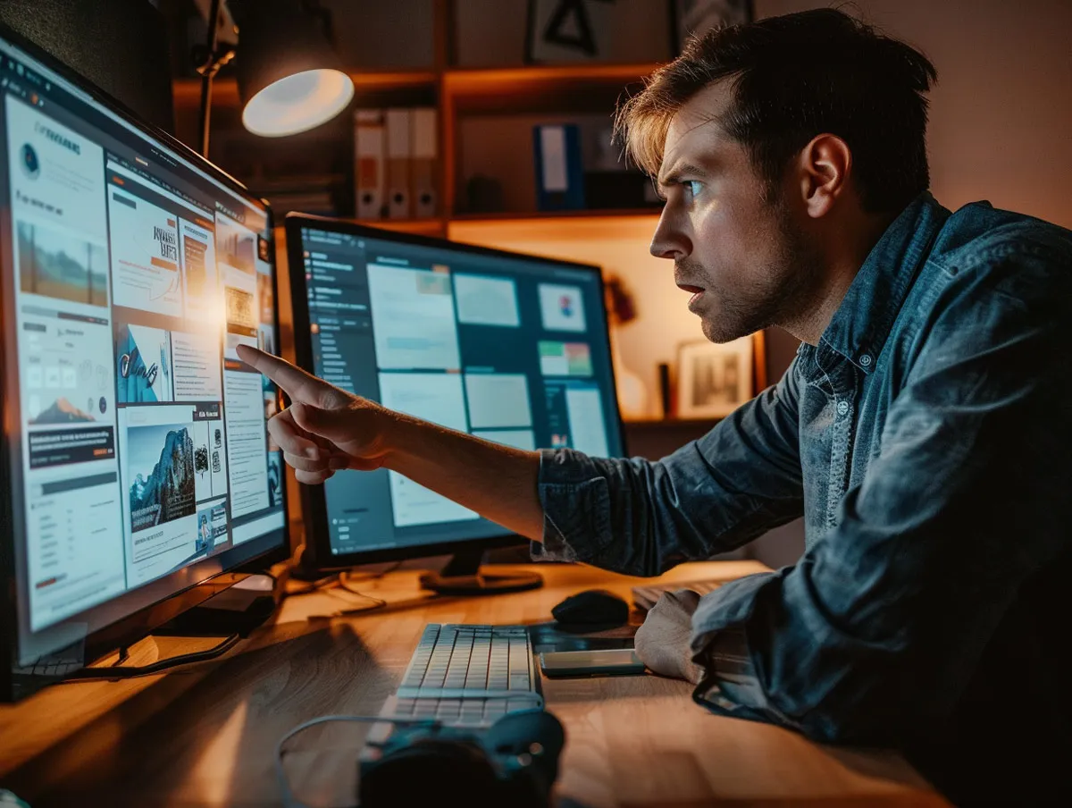 A man frowns and points at one of two monitors, comparing pages that don't match